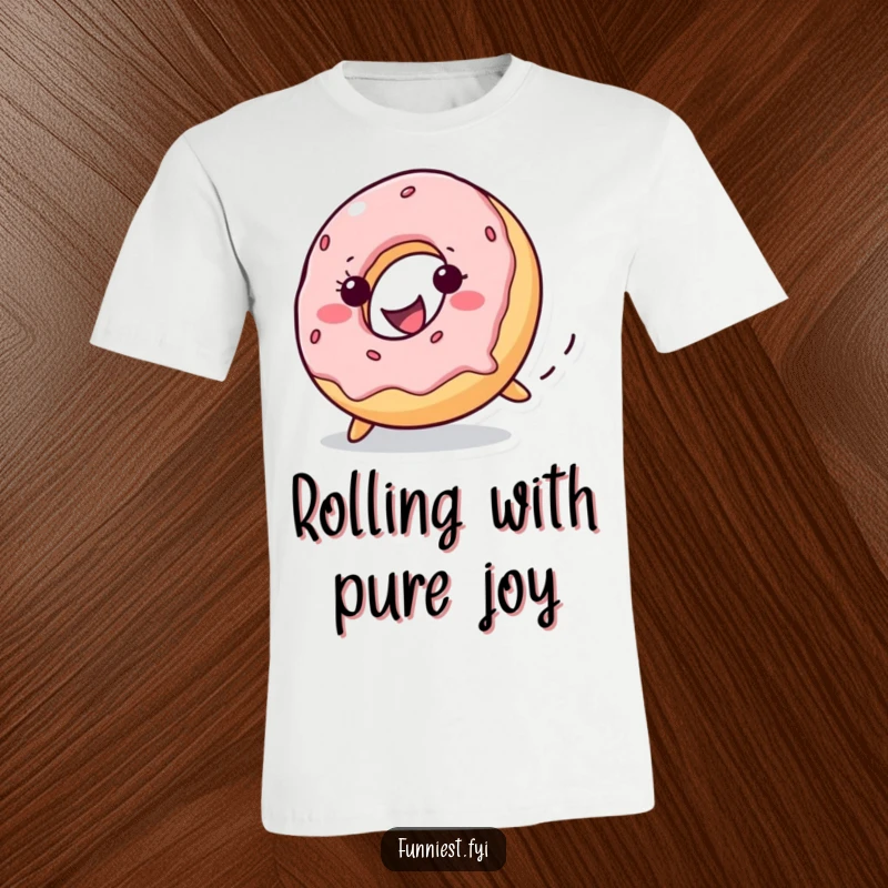 Funny mischievous donut character with a wide grin rolling downhill, showcased on a t-shirt, ideal for playful and humorous attire.