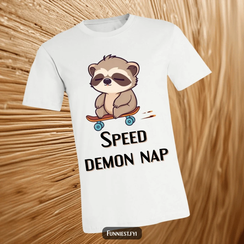 Funny, sleepy sloth character unexpectedly speeding on a tiny skateboard, printed on a comfortable t-shirt.