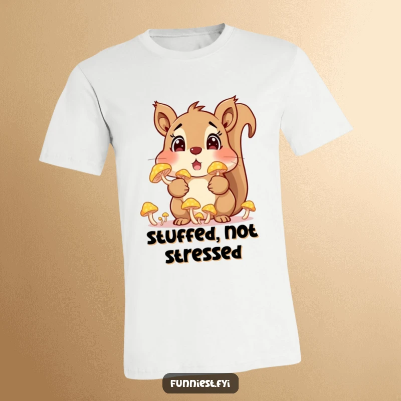 Funny surprised squirrel character with bulging cheeks full of glowing mushrooms, showcased on a t-shirt, ideal for whimsical attire.