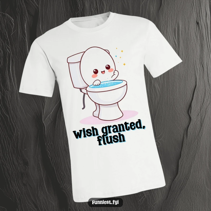 Funny friendly toilet character t-shirt, depicted granting a wish with glitter dramatically shooting from the bowl.