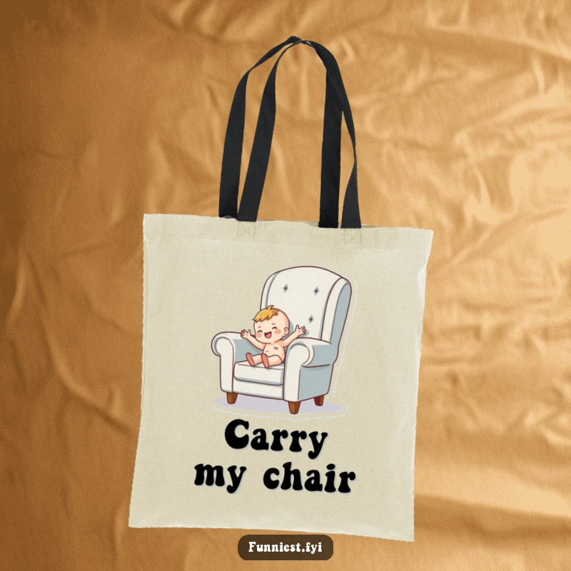 Funny Tote Bag featuring a tiny person character happily wiggling inside a giant armchair, perfect for carrying essentials with joy.