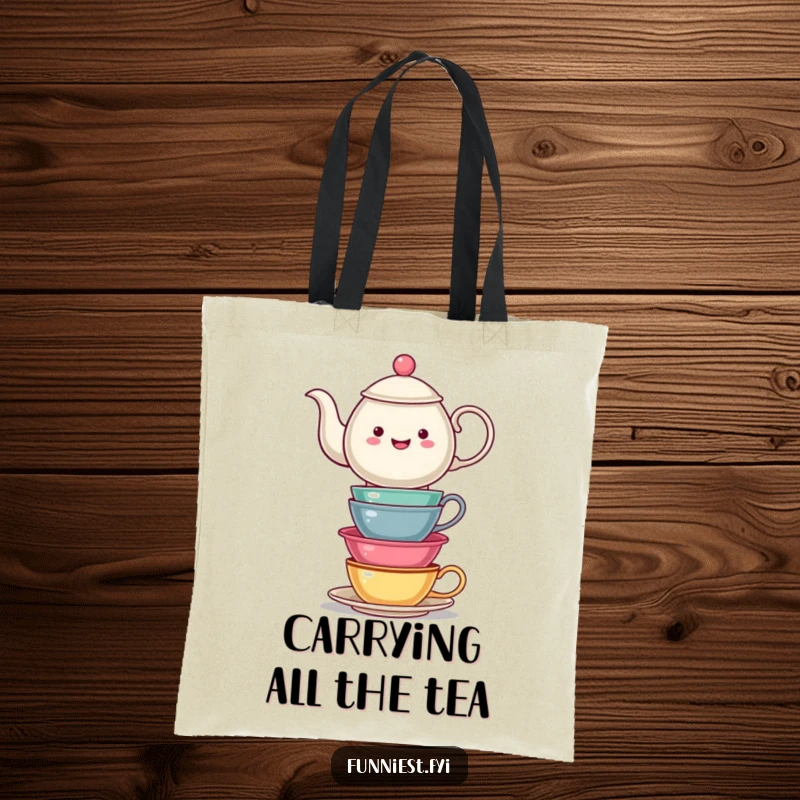 Funny Teapot Balancing Tea Cups Tote Bag: A teapot wobbles with a stack of teacups. Ideal for a funny gift for tea party hosts.