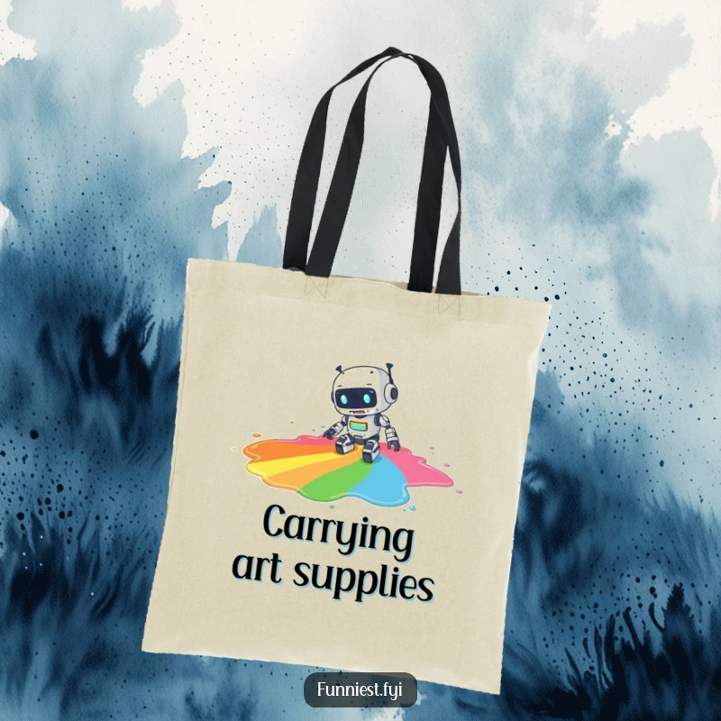 Funny tote bag depicting a clumsy robot tripping and spilling a large puddle of rainbow paint, a vibrant and humorous art accessory.