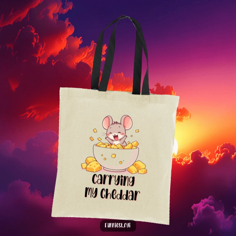 Funny tote bag depicting a delighted mouse character diving headfirst into a massive, overflowing bowl of cheese, a humorous accessory for cheese lovers.