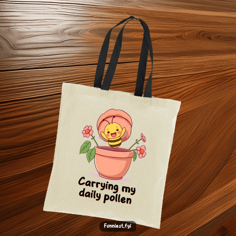 Funny tote bag depicting a happy bee character diving headfirst into a giant flowerpot, conveying a sense of excited, upside-down exploration.