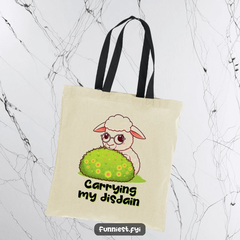 Funny sheep tote bag, a sheep wearing a monocle surveys a perfectly groomed bush with smug satisfaction.