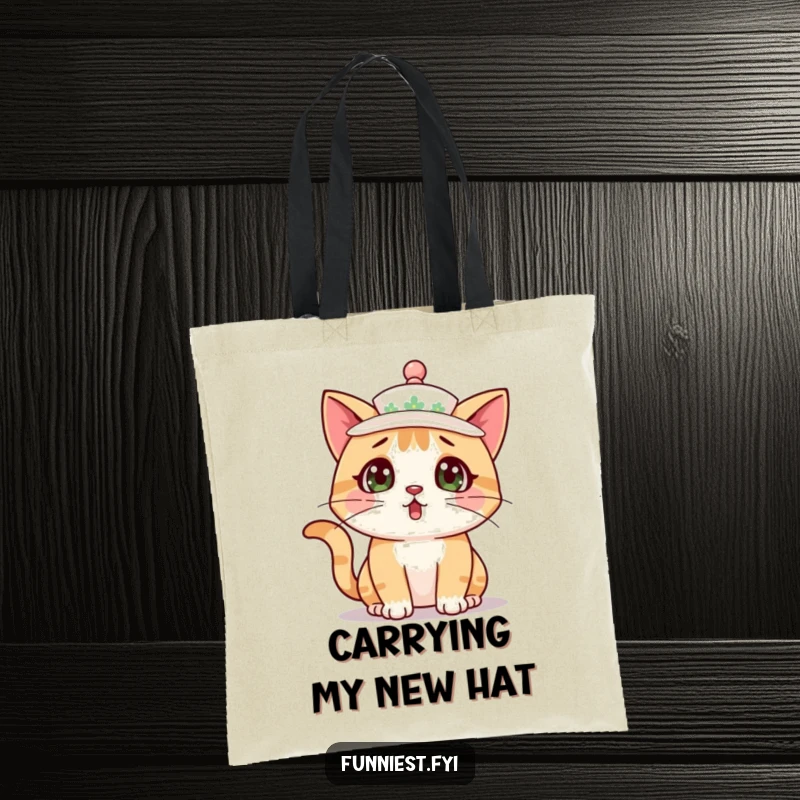 Funny cat character looking surprised while wearing a teacup as a hat, printed on a practical tote bag.