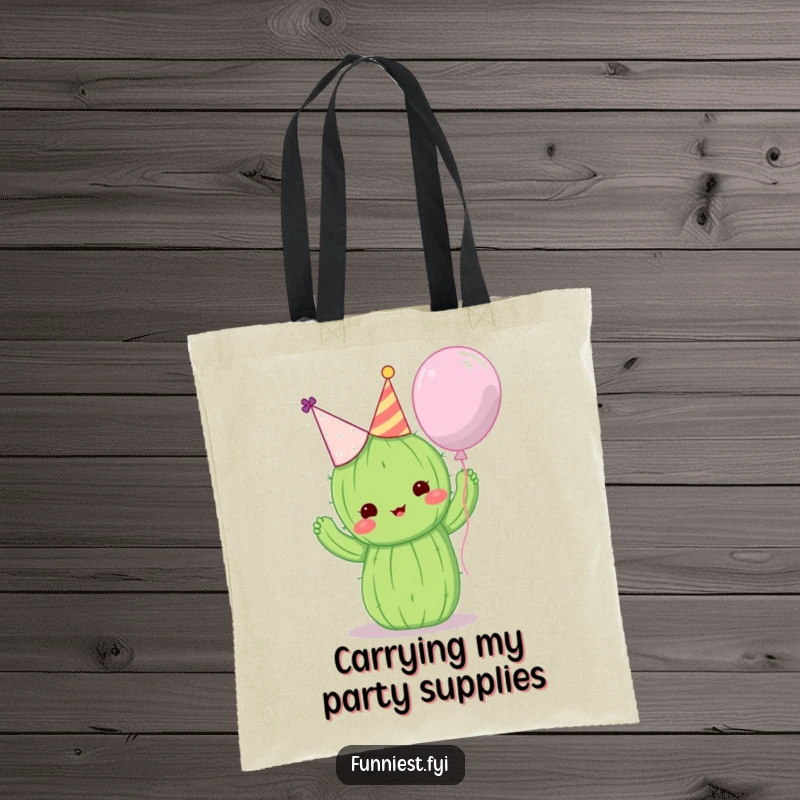 Funny tote bag featuring a cute cactus in a party hat attempting to hug a balloon, practical humor.