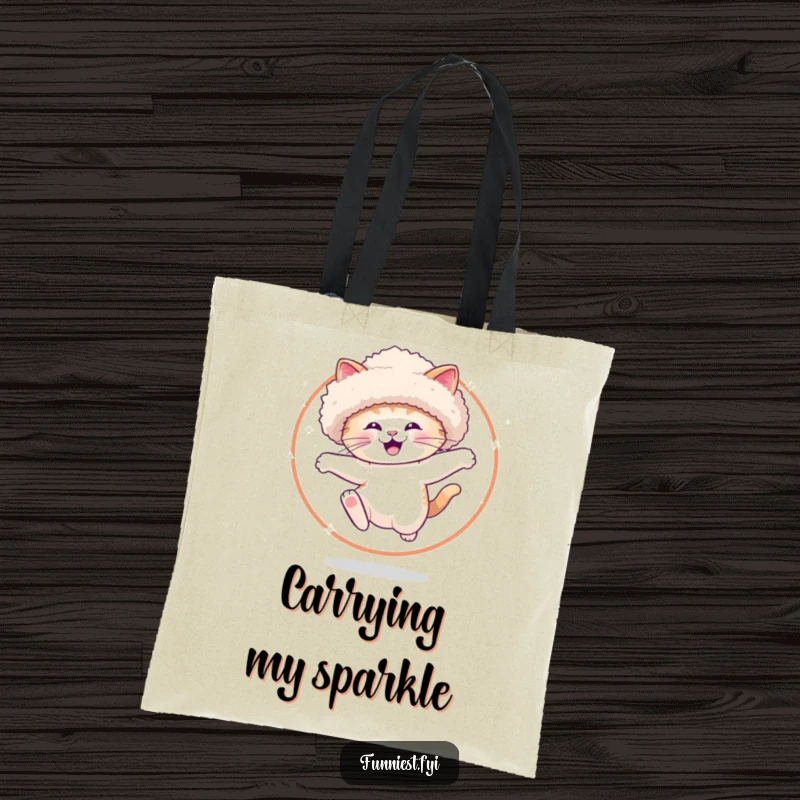 Funny Tote Bag featuring a jubilant cat in a grand fluffy hat, mid-air as it jumps through a hoop of enchanting sparkles.