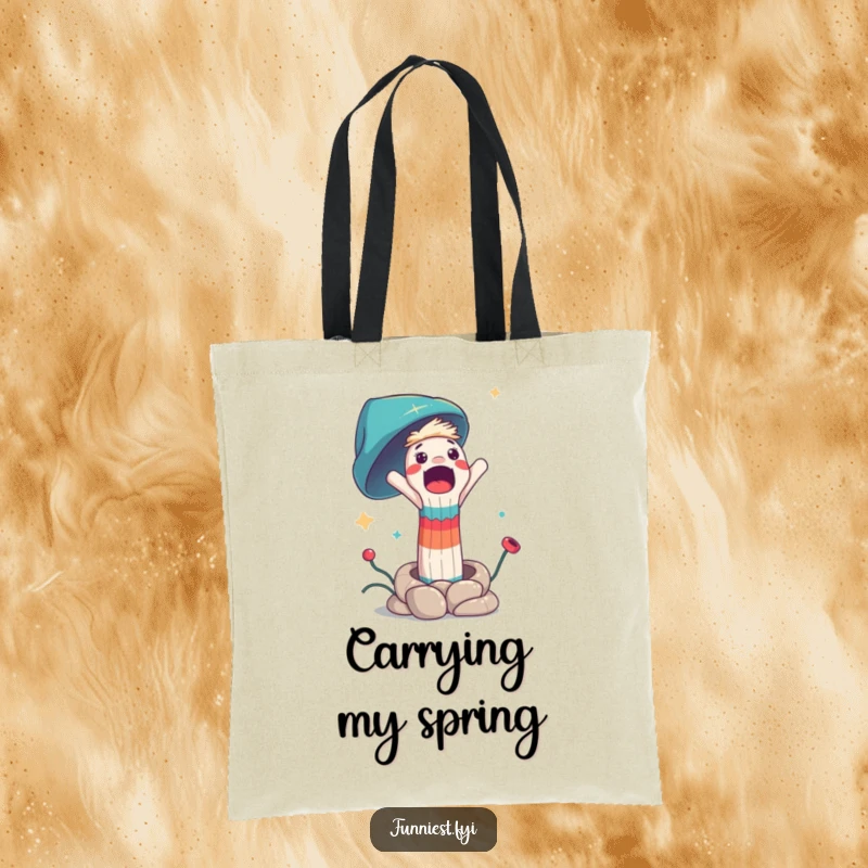Funny tote bag with a surprised sock puppet character being launched from a spring, offering ample space and humorous style.