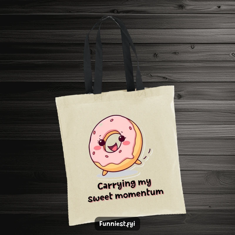 Funny donut character with a grin rolling downhill, a versatile tote bag for carrying essentials with a dose of playful charm.