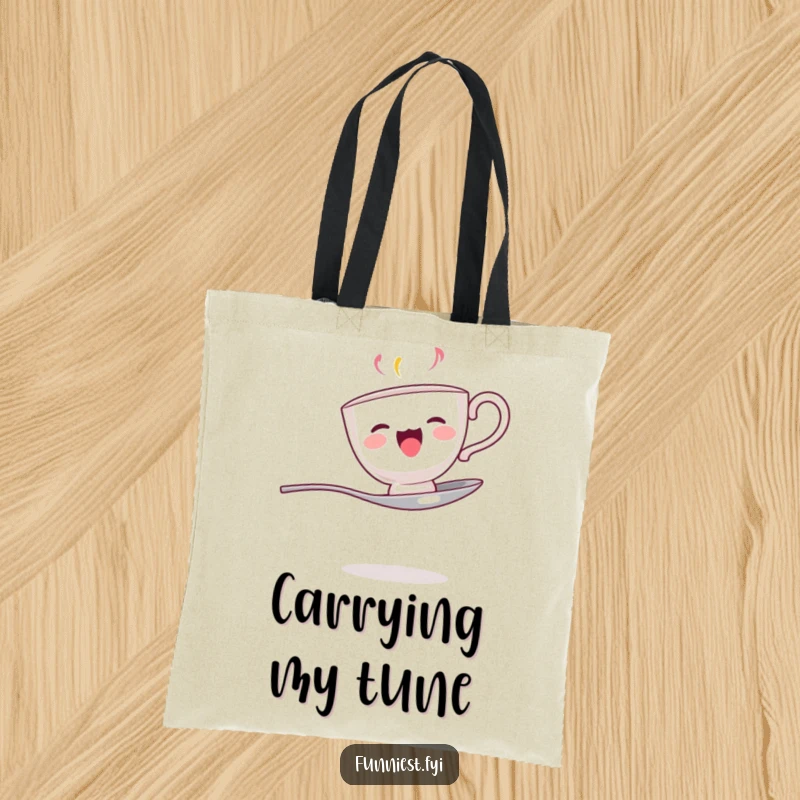Funny tote bag with a singing teacup balanced on a spoon, perfect for carrying essentials with a musical flair.