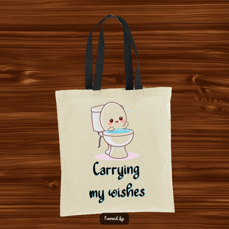 Funny friendly toilet character tote bag, granting a wish with glitter shooting from the bowl, a magical accessory.
