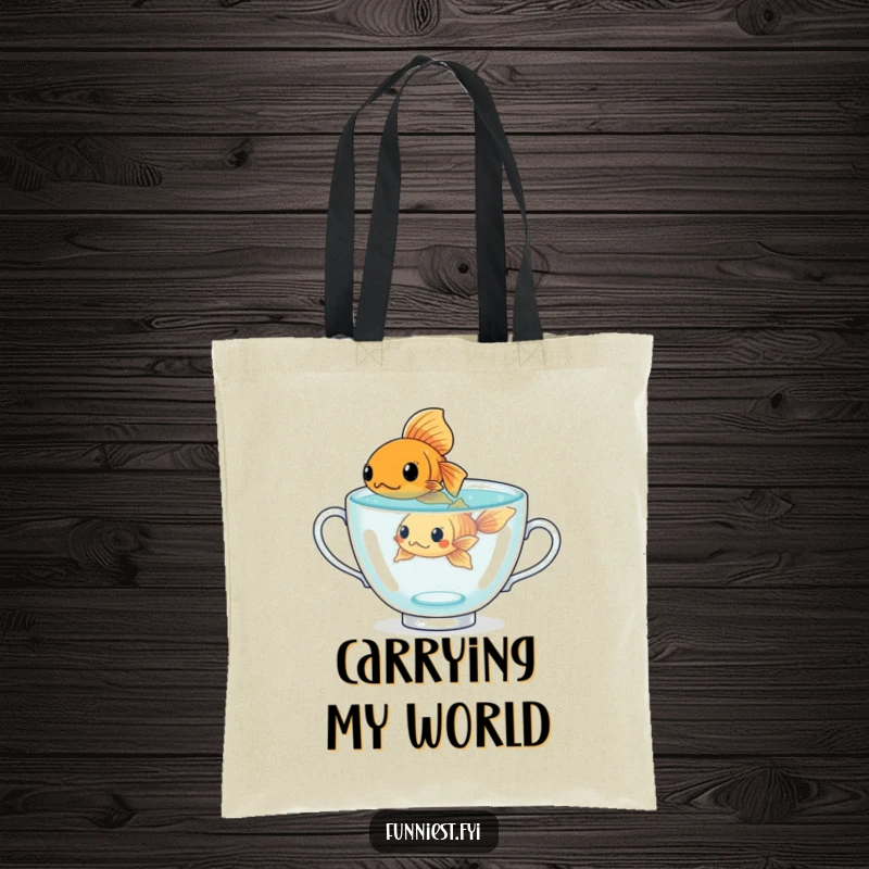 Funny determined goldfish character in a giant teacup, a stylish and humorous tote bag for ambitious people.