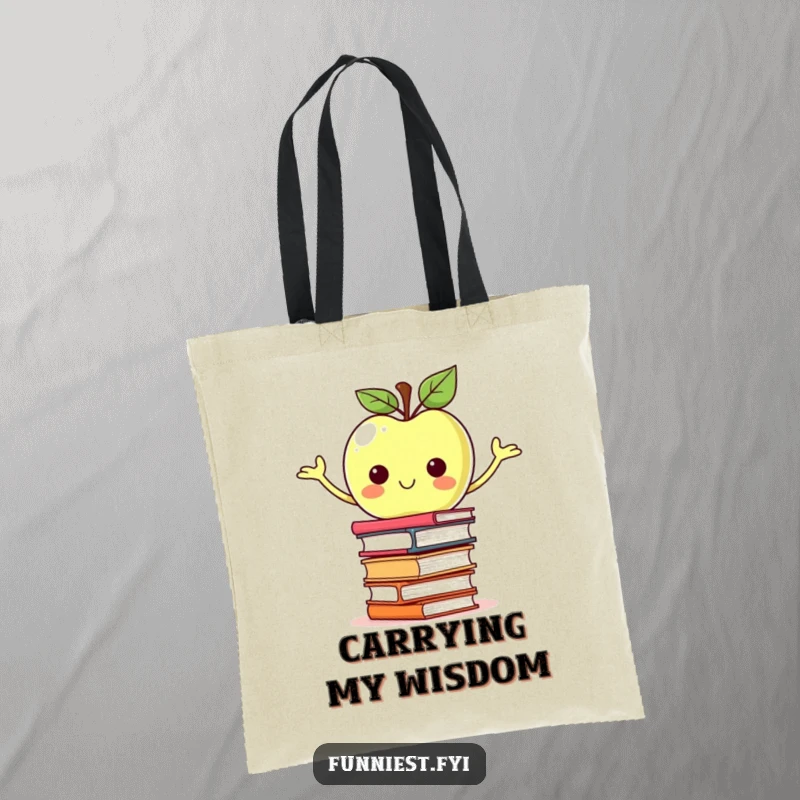 Funny proud apple character balancing a miniature stack of books on a tote bag, perfect for carrying academic essentials.