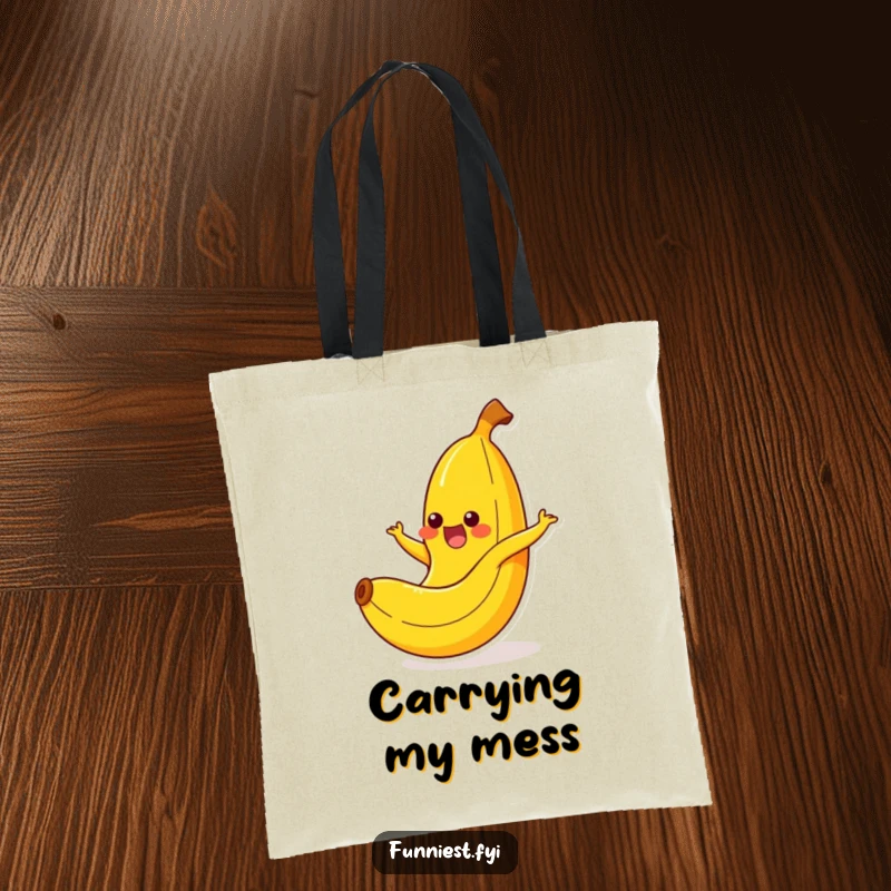 Funny banana character mid-yelp during a comical slip on its peel, printed on a durable, funny tote bag.