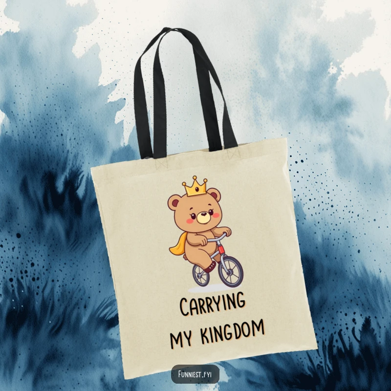 Funny bear tote bag, a crowned bear hilariously attempting to ride a unicycle, perfect for shopping.