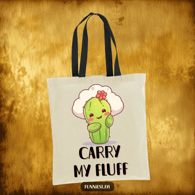 Funny tote bag with a smiling cactus character attempting to embrace a fluffy cloud. A whimsical and practical accessory for everyday use.