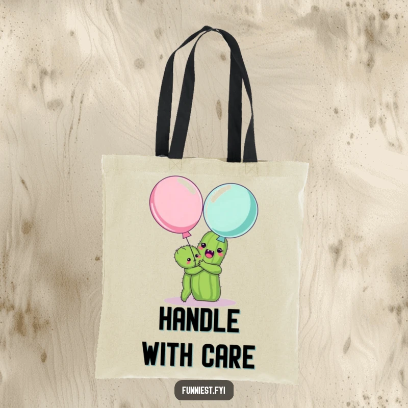 Funny tote bag with a happy cactus embracing a scared balloon, a humorous and practical item for daily use.