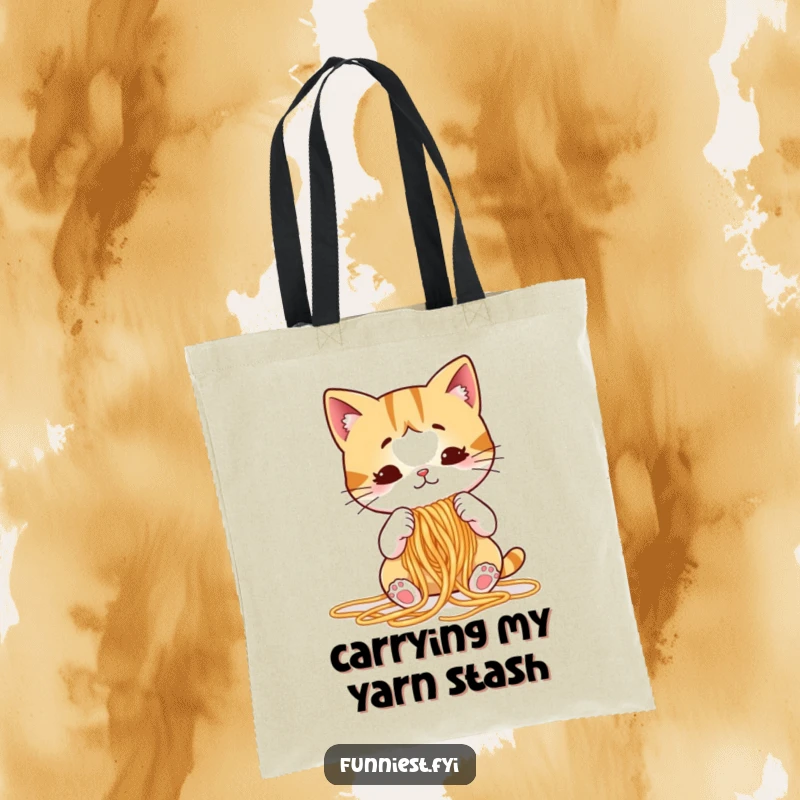 Funny cat tote bag showcasing a puzzled cartoon cat attempting to knit spaghetti noodles, a practical and humorous shopping companion.