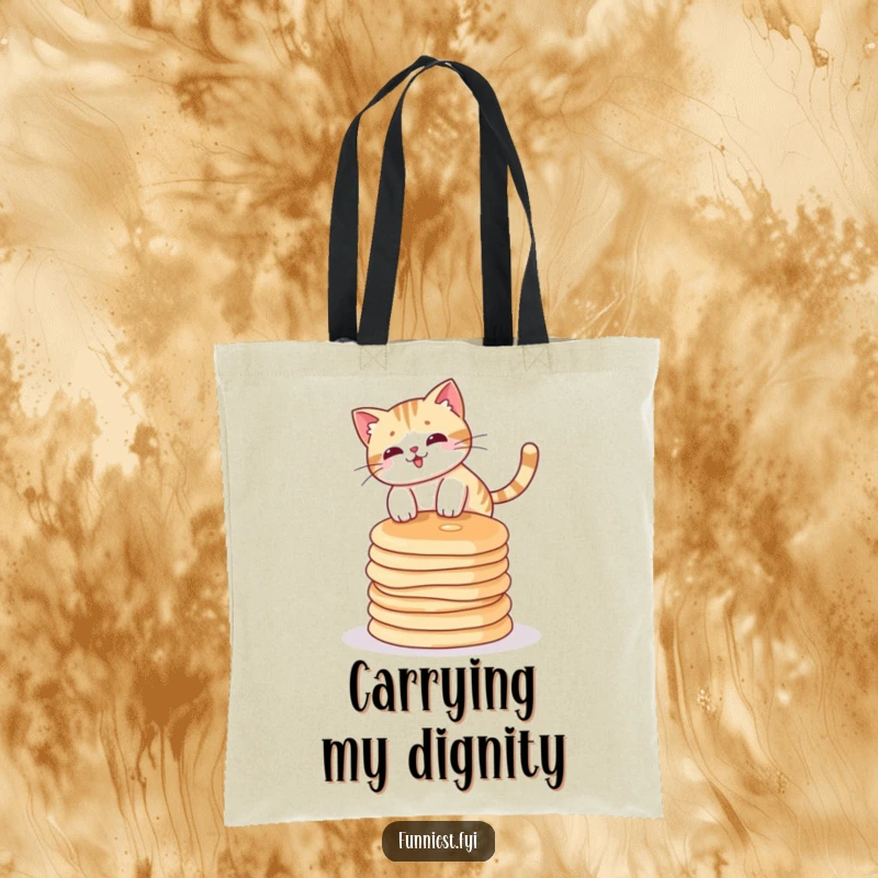 Funny cat character balancing awkwardly on a precarious tower of pancakes, printed on a durable, stylish tote bag.
