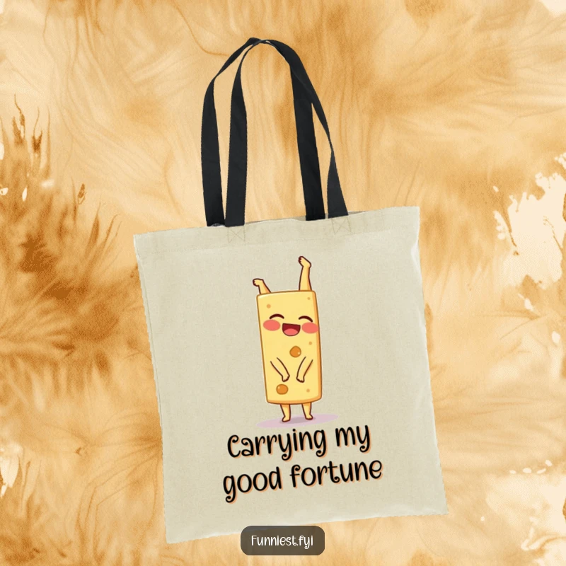 Funny giggling cheese wedge character attempting a handstand on a durable and humorous tote bag.