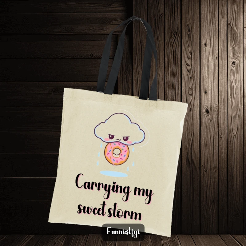 Funny tote bag featuring a grumpy cloud raining a single, perfect donut, practical and amusing.