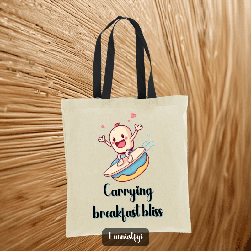 Funny tote bag with a coffee cup character joyfully surfing a giant donut, capturing a moment of pure, sweet bliss.