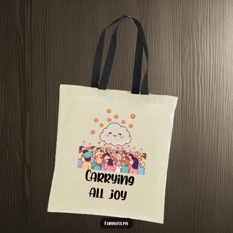 Funny giggling cloud raining tiny donuts onto a happy crowd, a stylish and humorous tote bag.
