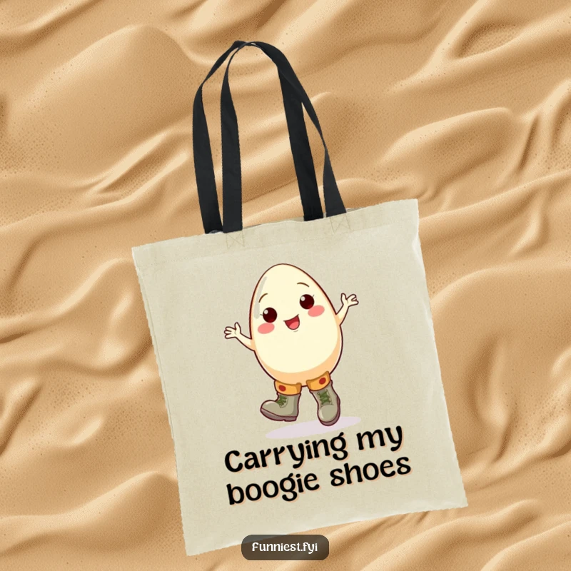 Funny egg tote bag showcasing a cheerful cartoon egg character doing a clumsy jig in oversized boots, a stylish humorous companion.