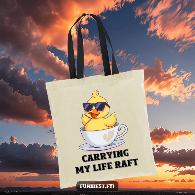 Funny tote bag with a rubber duck wearing sunglasses floating upside down in a teacup, a humorous and practical accessory.