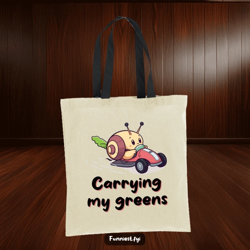 Funny tote bag depicting a determined snail character racing a tiny toy car towards a lettuce leaf, a humorous accessory for the ambitious.