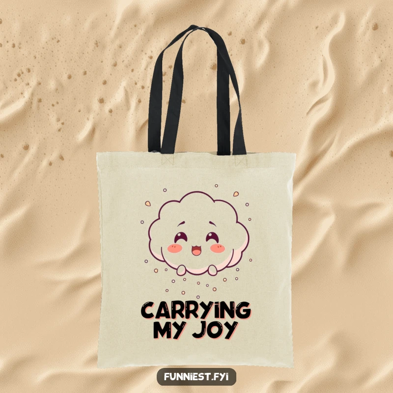 Funny surprised little cloud character raining tiny laughter particles, printed on a durable, funny tote bag.