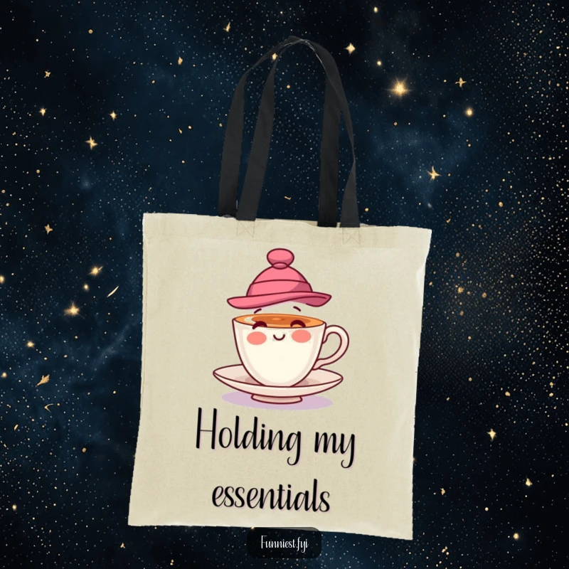 Funny tote bag featuring a playful teacup wearing a stylish hat and spinning, ideal for stylish, cheerful everyday use.