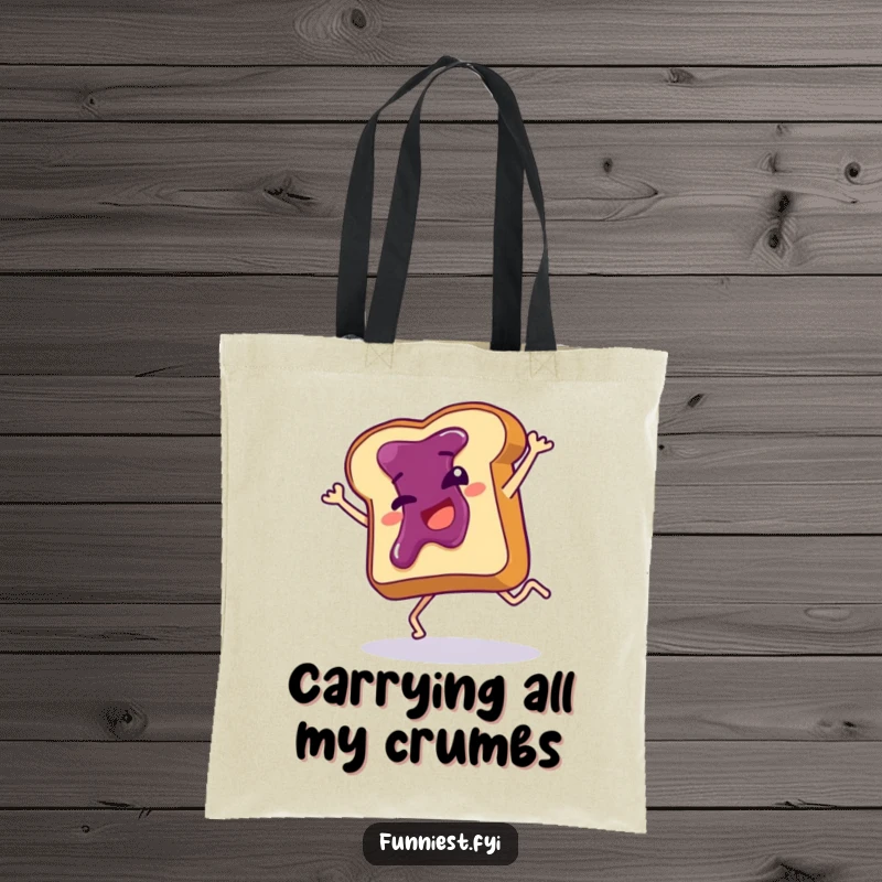 Funny tote bag featuring a giggling toast slice with jam doing a clumsy cartwheel, ideal for stylish, humorous everyday use.