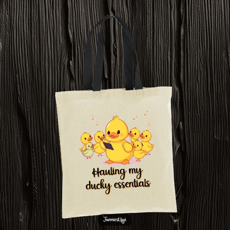 Funny shy rubber ducky conductor on a tote bag, charmingly leading an orchestra of squeaks.