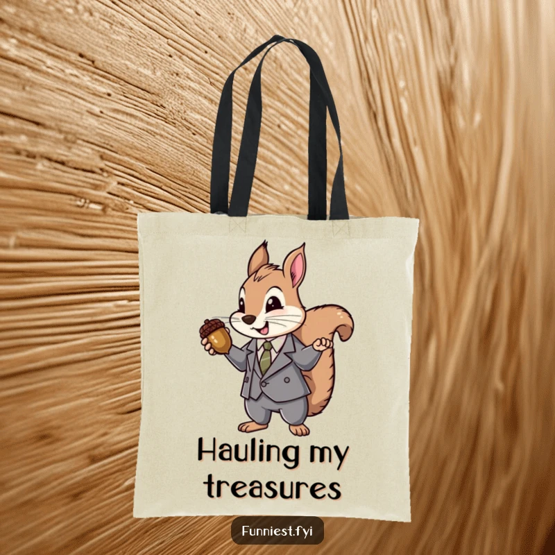 Funny Suit Squirrel Tote Bag: A stylish tote featuring a squirrel in a suit dramatically presenting an acorn as a valuable jewel, perfect for carrying essentials.