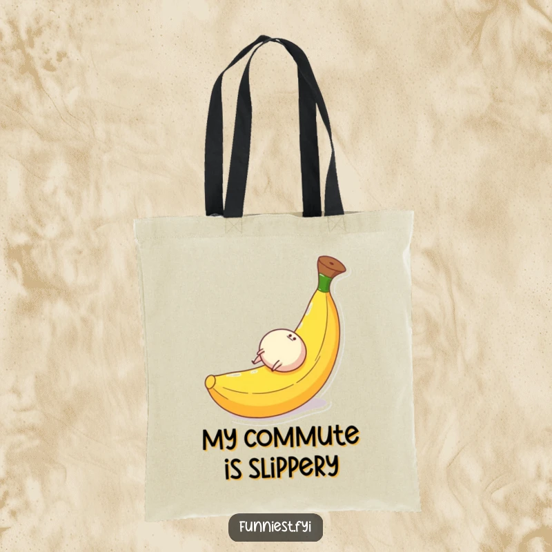 Funny tote bag illustration of a small, round character with legs gleefully sliding down a large banana peel, celebrating silly fun.