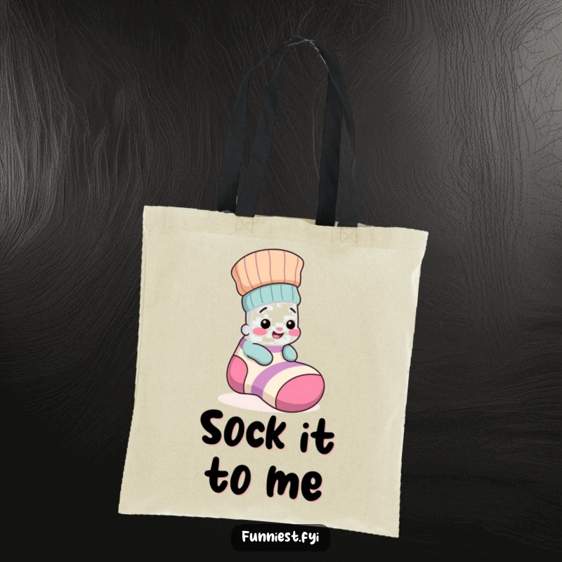 Funny tote bag with a cute, giggling sock character playfully hidden inside a much larger, mismatched sock, ready for adventures.