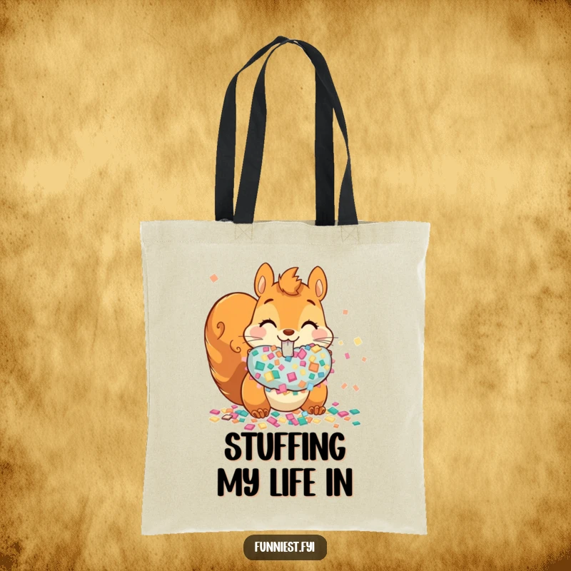 Funny mischievous squirrel hoarding oversized confetti in its cheeks on a tote bag, ready for any celebration.